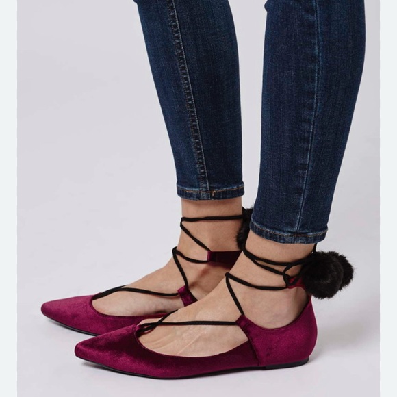 Topshop Shoes - Topshop Ghilli Purple Velour Velvet Pointed Ballet Flats with Poms Ties